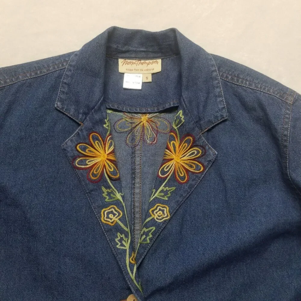 Norm Thompson Small Jacket Lightweight Denim Embroidered Bohemian Festival Boho